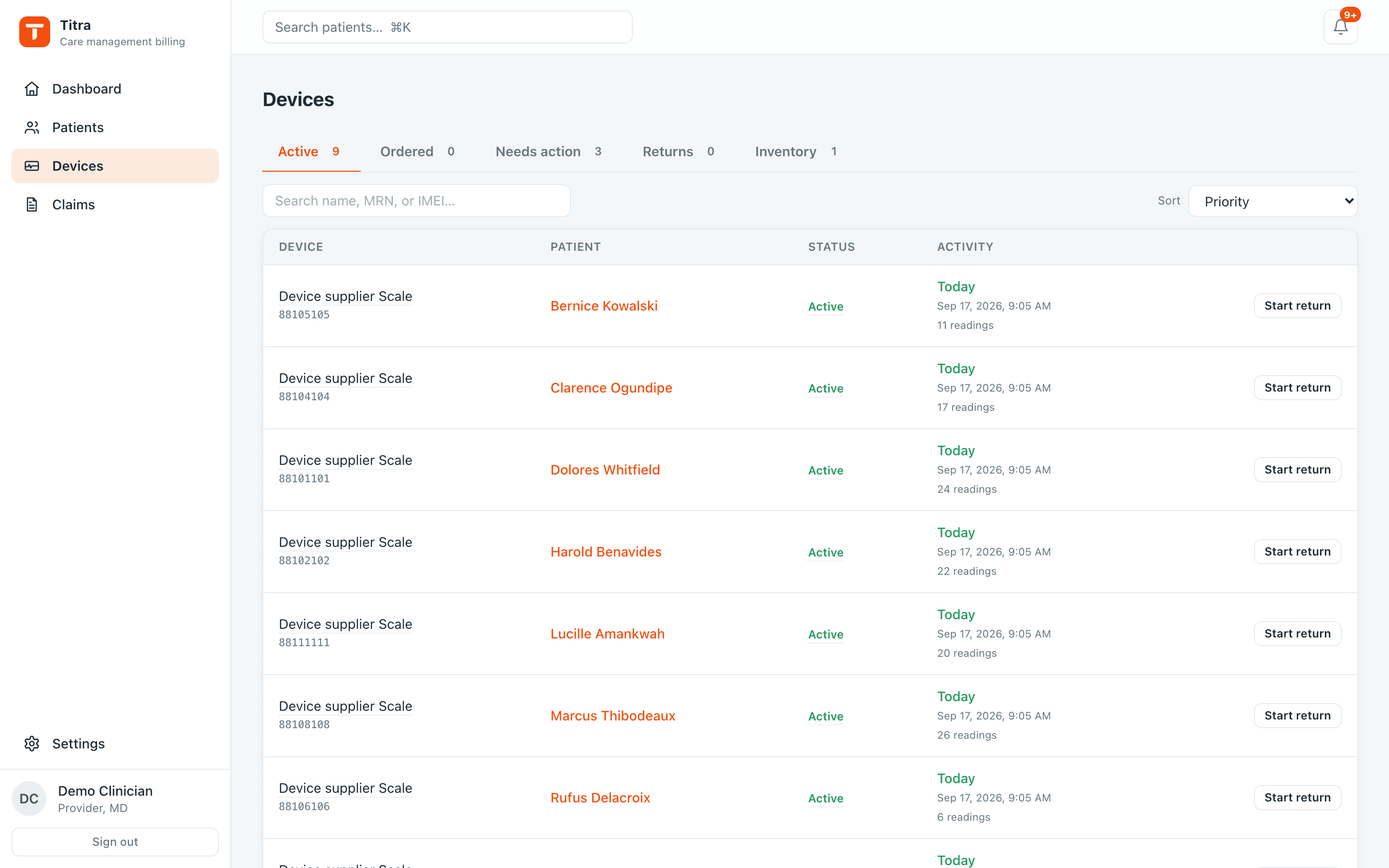 The device fleet grouped by status: active, ordered, and needing action.