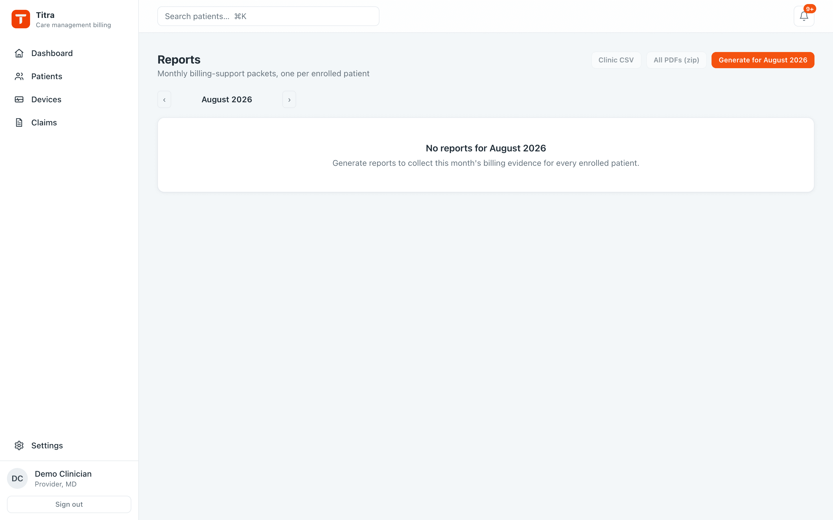 The reports screen offering the monthly billing-support packet as a per-patient PDF and a clinic roll-up CSV.